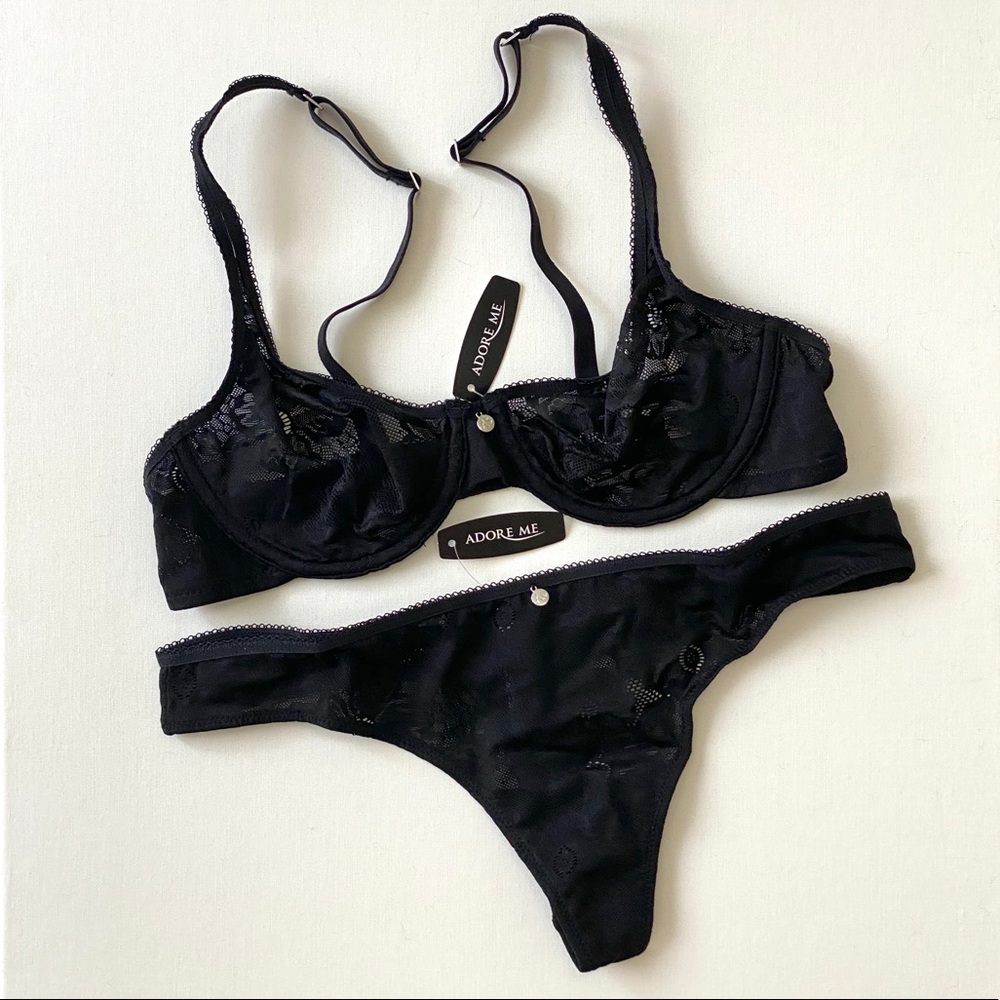 NWT black lace “adore me” bra + thong panty set